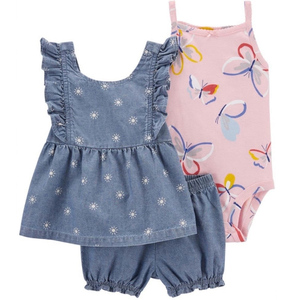 Carter’s 3 Piece Set Bodysuit Chambray Top Shorts Blue Pink Butterfly Size 24M - Picture 1 of 12